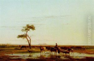 A Herdsman And His Flock In An Extensive Summer Landscape