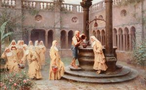 Watering Flowers In The Convent Courtyard
