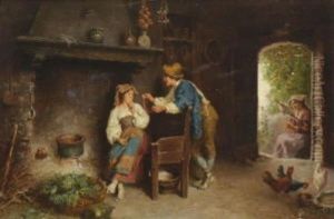In Der Kuche Uberreicht Ein Junger Intalienischer Bauer Seiner Angebeteten Eine Kette by Francesco Bergamini