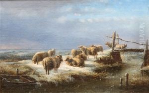 Sheep In A Frozen Polder Landscape by Bernardus Gerardus Ten Berge