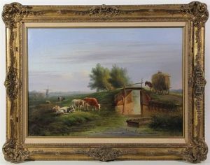 Dutch Landscape View With Cows Near A Ditch And A Horsedrawn Haycart Crossing A Bridge by Bernardus Gerardus Ten Berge