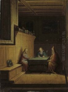 A Candlelit Interior With Christ, Saint John The Evangelist And Nicodemus Seated At A Table