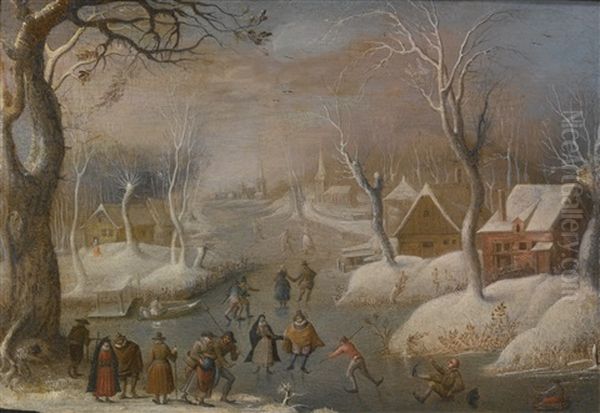 A Winter Landscape With Villagers And Skaters by Christoffel van den Berge