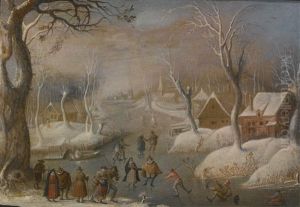 A Winter Landscape With Villagers And Skaters by Christoffel van den Berge