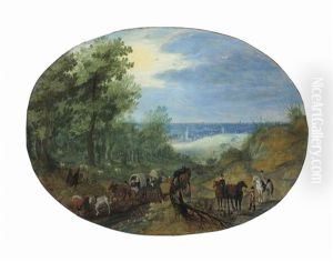 Travelers With Wagons On A Country Road, A City Beyond