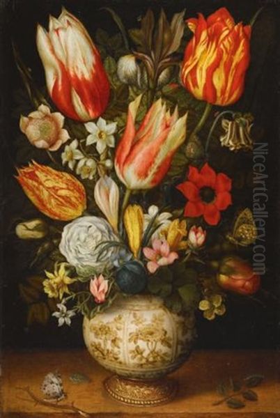 Tulips, Roses, Narcissi, Daffodils, Crocuses, An Iris, A Poppy And Other Flowers In A Gilt Mounted Porcelain Vase On A Ledge, With A Queen Of Spain Fritillary, A White Ermine And A Magpie Butterfly - view 1