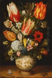 Tulips, Roses, Narcissi, Daffodils, Crocuses, An Iris, A Poppy And Other Flowers In A Gilt Mounted Porcelain Vase On A Ledge, With A Queen Of Spain Fritillary, A White Ermine And A Magpie Butterfly by Christoffel van den Berge