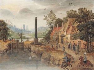 A River Landscape By A Lock, With Elegant Company On Horseback And Villagers On The Bank by Christoffel van den Berge