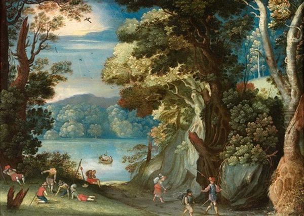 Promeneurs Et Joueurs De Des Devant La Riviere - view 1