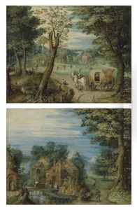 Travelers At A Crossroads With A Village Beyond (+ A River Landscape With A Village And Figures, 2 Works) by Christoffel van den Berge