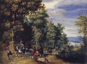 A Wooded Landscape With Travellers Ambushed On A Country Road