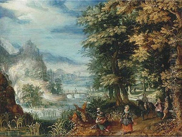 A Wooded River Landscape With Elegant Figures On A Path - view 1