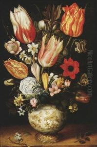 Tulips, Roses, Narcissi, Daffodils, Crocuses, An Iris, A Poppy And Other Flowers In A Gilt-mounted Porcelain Vase, With A Queen Of Spain Fritillary, A White Ermine And A Magpie Butterfly by Christoffel van den Berge