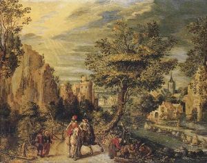 A Rocky River Landscape With Horsemen And Other Figures On A Path, A Town With A Church And A Castle Beyond