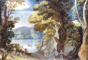 Paysage Fluvial Avec Hallebardier Sur Un Chemin Creux Et Soldats Se Reposant Et Jouant Aux Des by Christoffel van den Berge