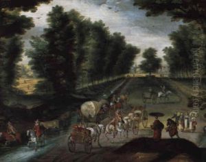 Reisende Mit Planwagen In Einer Waldlandschaft