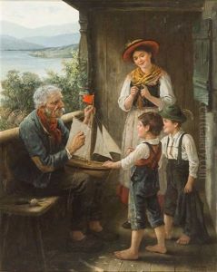 Zwei Knaben In Lederhosen Erhalten Vom Grosvater Ein Segelschiffmodell