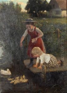 Kinder Am Steg Beim Futtern Von Enten by Carl Von Bergen