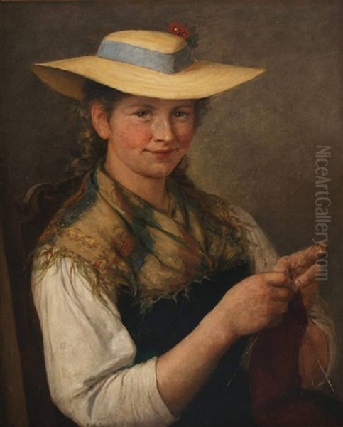 Strickende Hubsche Junge Frau In Tracht Mit Sommerhut - view 1