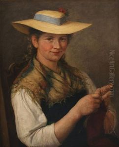 Strickende Hubsche Junge Frau In Tracht Mit Sommerhut