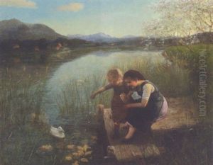 Zwei Madchen Beim Entenfuttern An Einem Vorgebirgsee by Carl Von Bergen
