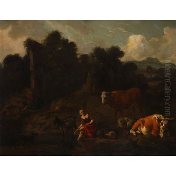 A Herdswoman With Cattle, A Goat And A Dog By A Pool In A Landscape, A Ruin Beyond - view 1