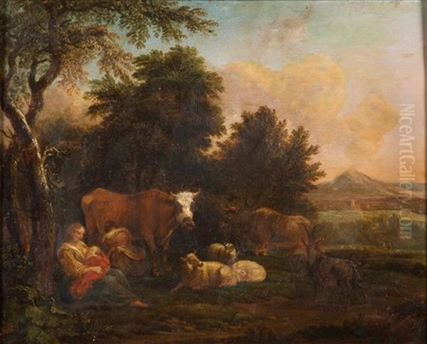 Scene De Paturage Avec Une Mere Et Son Enfant Au Pied D'un Arbre, Une Villageoise Procedant A La Traite. - view 1