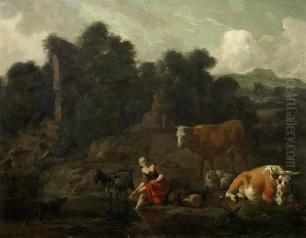 A Shepherdess Resting By A River With Her Flock - view 1