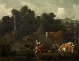 A Shepherdess Resting By A River With Her Flock A Shepherdess Resting By A River With Her Flock