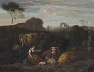 A Shepherdess And Her Flock Seated In A Landscape, Ruins Beyond by Dirk van Bergen