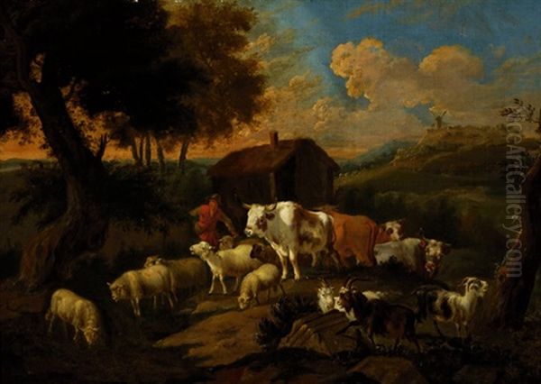Shepherd With His Flock On A Road In A Wide Landscape - view 1