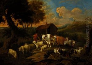 Shepherd With His Flock On A Road In A Wide Landscape by Dirk van Bergen