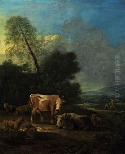 Pastorale Szene Mit Ruhenden Kuhen Und Schafen In Italienischer Landschaft, Im Hintergrund Ein Reiter Pastorale Szene Mit Ruhenden Kuhen Und Schafen In Italienischer Landschaft, Im Hintergrund Ein Reiter