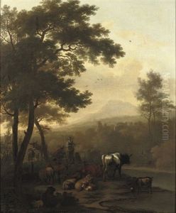 A Wooded River Landscape With A Peasant Couple And Their Cattle by Dirk van Bergen