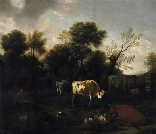 Landschaft Mit Vieh, Links Im Hintergrund Ruinen Im Wald - view 1