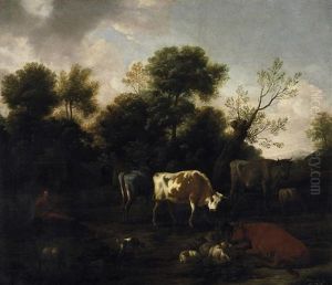 Landschaft Mit Vieh, Links Im Hintergrund Ruinen Im Wald by Dirk van Bergen