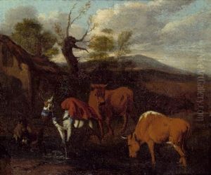 Zwei Kuhe, Ein Maultier Und Eine Ziege Vor Einer Scheune by Dirk van Bergen