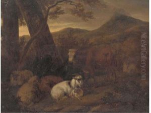 Goats, Sheep And Cows With A Mountainous Landscape Beyond