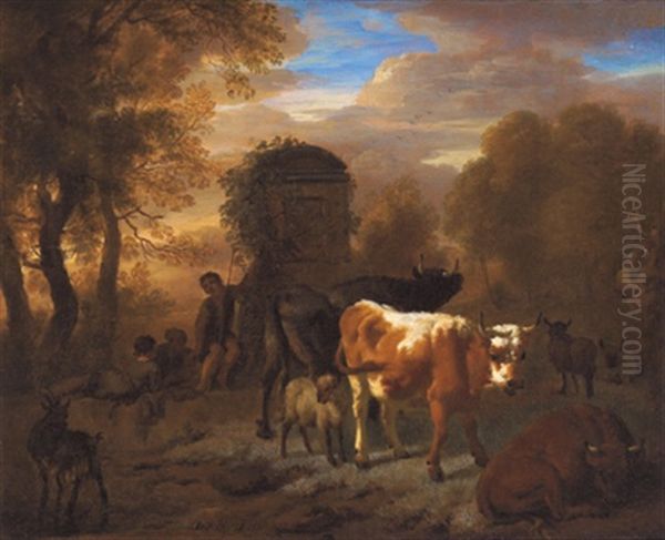 Hirte Und Herde In Einer Sudlichen Landschaft (+ Eine Herde, Ein Maultier Und Ein Hirte Vor Antiken Ruinen In Einer Sudlichen Landschaft; Pair) - view 1