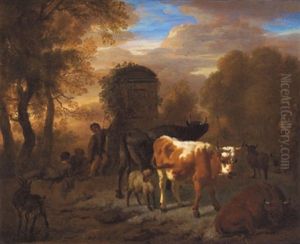 Hirte Und Herde In Einer Sudlichen Landschaft (+ Eine Herde, Ein Maultier Und Ein Hirte Vor Antiken Ruinen In Einer Sudlichen Landschaft; Pair) by Dirk van Bergen