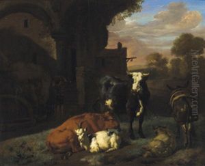 Eine Herde, Ein Maultier Und Ein Hirte Vor Antiken Ruinen In Einer Sudlichen Landschaft