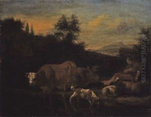 Hirt Mit Vieh Am Wasser Lagernd by Dirk van Bergen