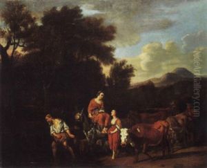 Bauern Mit Vieh An Einer Furt