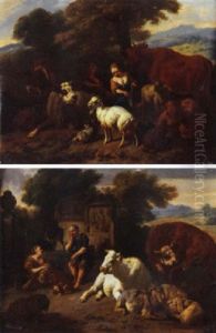 An Italianate Landscape With A Shepherd And Shepherdess Sheltering Under A Tree With Animals An Italianate Landscape With A Shepherd And Shepherdess Sheltering Under A Tree With Animals