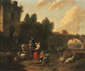An Italianate Landscape With Herdsmen And Cattle Halting By A Ruined Mansion by Dirk van Bergen