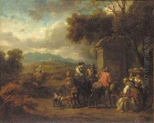 Washerwomen And Horsemen At A Well By A Country Path by Dirk van Bergen