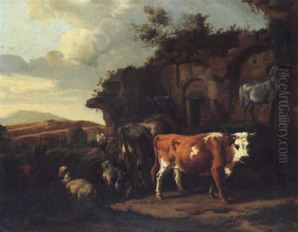 A Herdsman Resting With His Cattle, Goat, Sheep, And A Horse, By Architectural Ruins - view 1