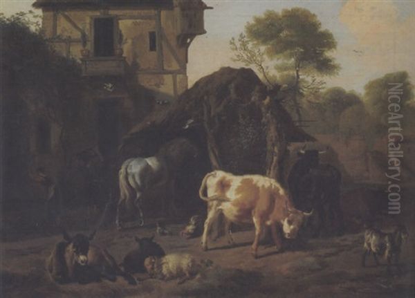 Bewaldete Landschaft Mit Pferd, Esel, Schafen Und Ziege - view 1