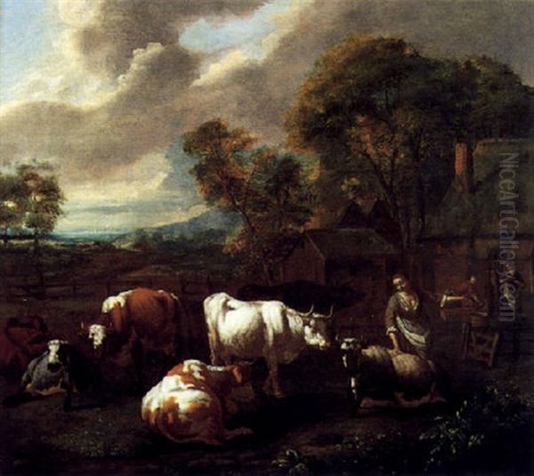 Hirtin Mit Kuhen Vor Einem Dorf - view 1