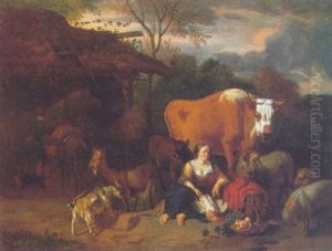 A Milkmaid With A Hen, A Basket Of Fruit, Cattle, Sheep And Goats Beside A Hut In A Landscape
